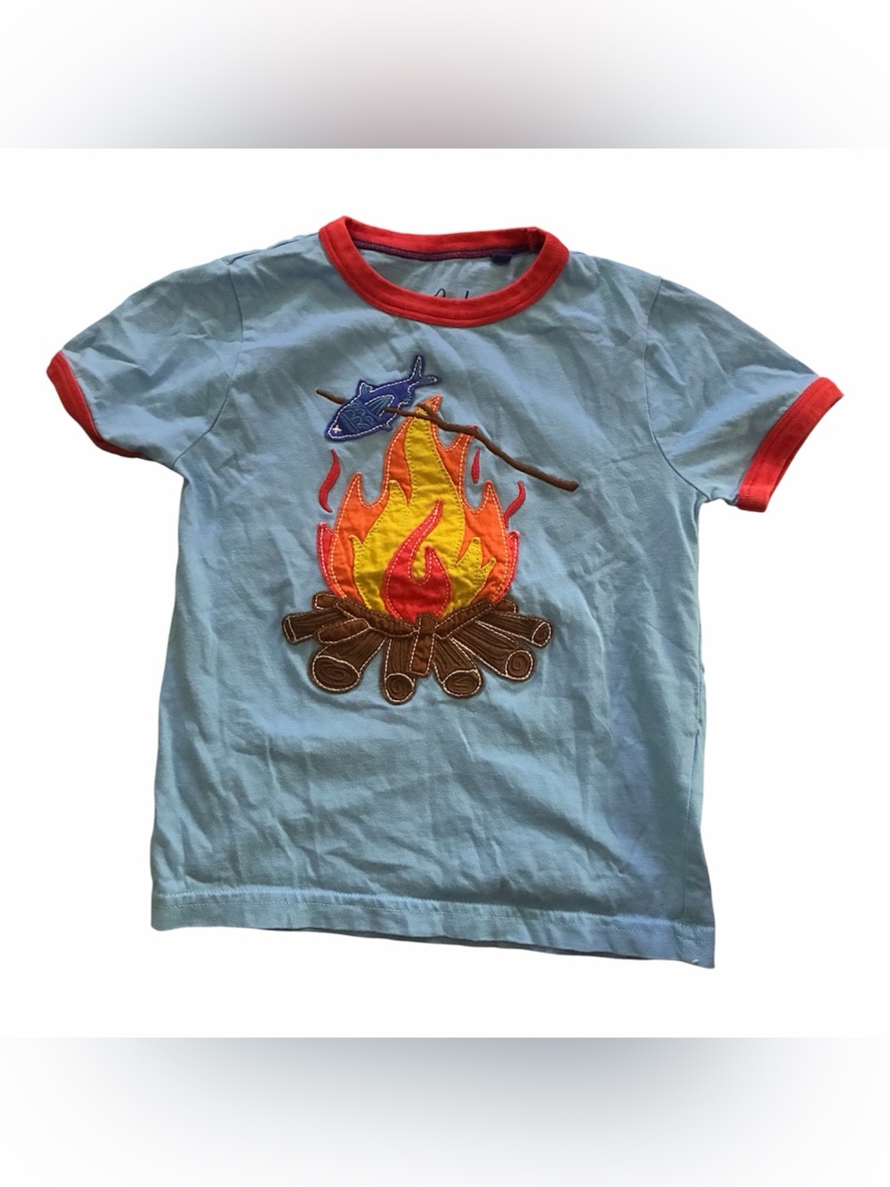 Mini Boden Light Blue Campfire Applique Tee with Red Trim